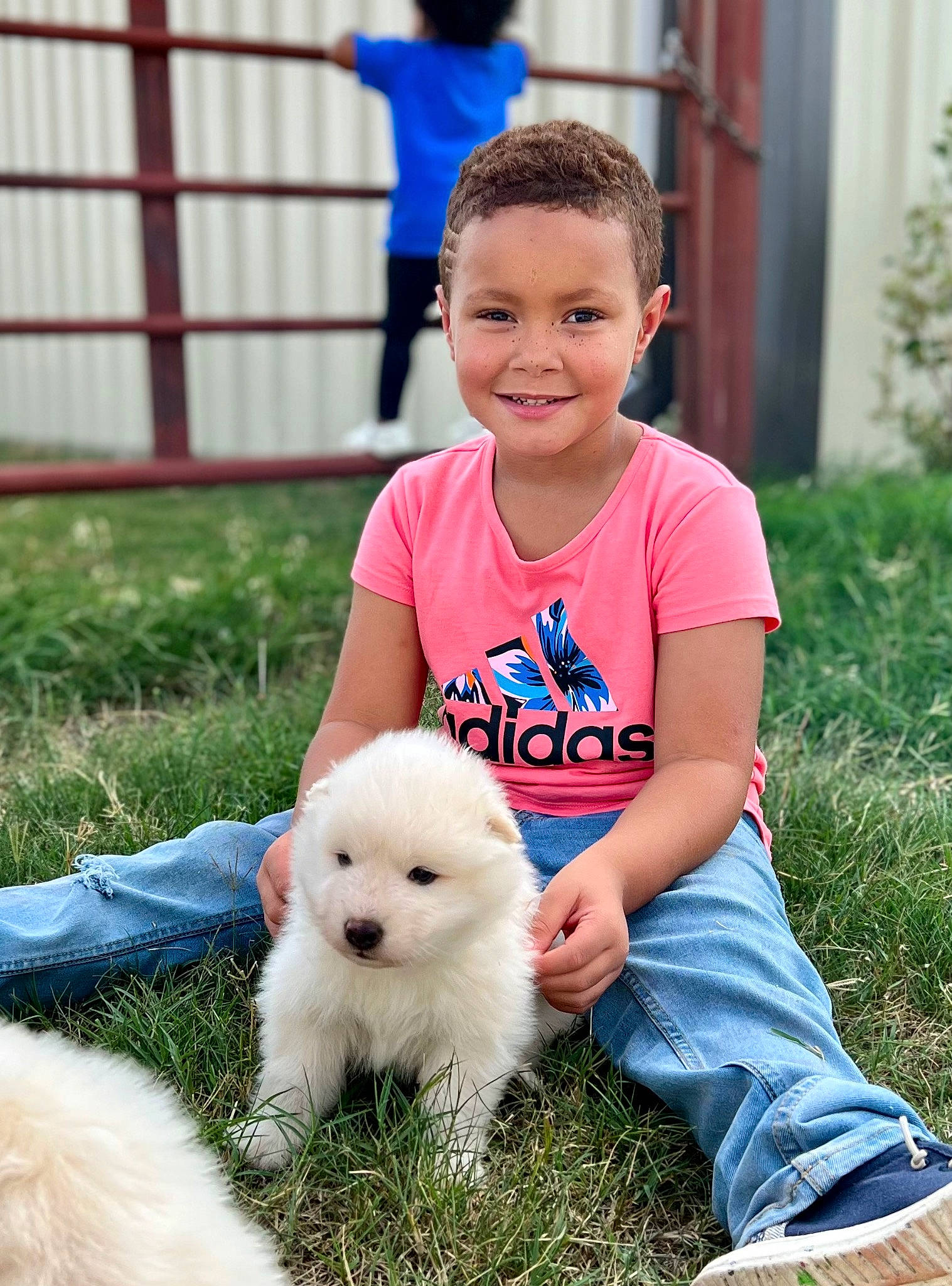 Jayce joined the competition — help win amazing prizes! canidae, child, companion_dog, dog_breed, fence, fun, fur, grass, happy, joy, leisure, non_sporting_group, people_in_nature, person, plant, sitting, smile, spitz, sporting_group, t_shirt