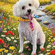 Kodi joined the competition — help win amazing prizes! dog, white_dog, flower_meadow, wildflowers, poppies, daisies, green_grass, stream, rocks, cherry_blossom, spring, scarf, colorful, nature, outdoor, sunlight, happy, pet, sitting, landscape