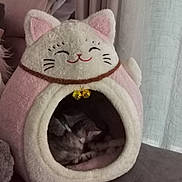 Sweety a rejoint le concours — aidez-le/la à gagner de superbes lots ! cat, cat_bed, sleeping, cozy, indoor, furniture, curtain, soft, plush, pink, white, gray_cat, pet, resting, home, cute, bells, cushion, relaxing, animal