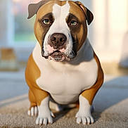 Saint joined the competition — help win amazing prizes! dog, canine, pet, indoor, carpet, brown_and_white, sitting, front_view, close_up, ears, nose, paws, fur, expression, animal, companion, cute, domestic, mammal, portrait