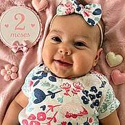 Sophia Green is registered to the contest to win money with this photo: baby, infant, smile, face, headband, bow, floral_shirt, pink_blanket, heart_decoration, flower_decoration, milestone_sign, cute, adorable, child, portrait, happy, lying_down, two_months, celebration, soft_texture