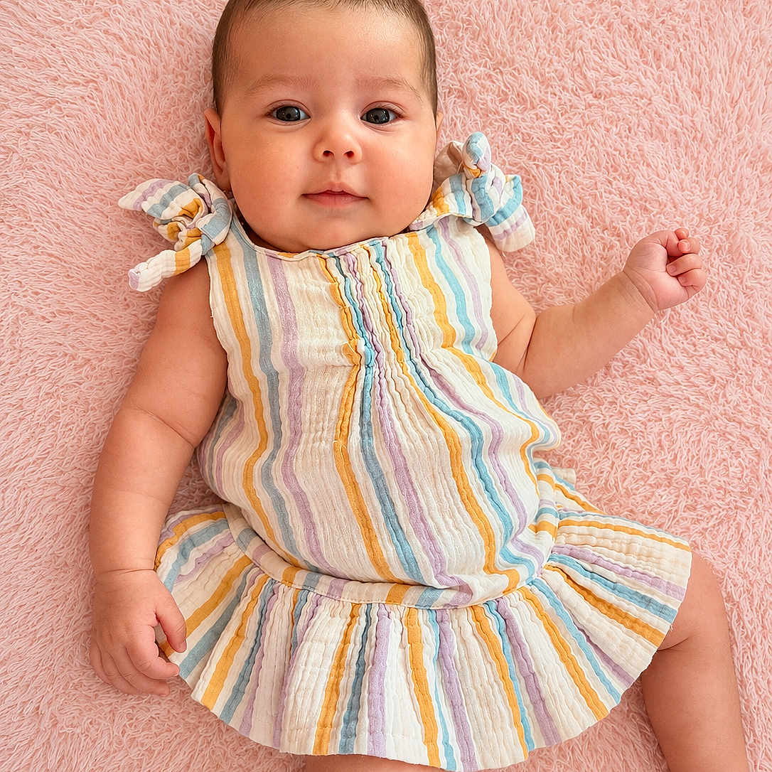 Sophia Green is registered to the contest to win money with this photo: arms, baby, child, colorful_clothing, cute, eyes, face, happy, indoors, infant, legs, lying_down, person, pink_background, portrait, ruffled_sleeves, skin, smiling, soft_texture, striped_dress