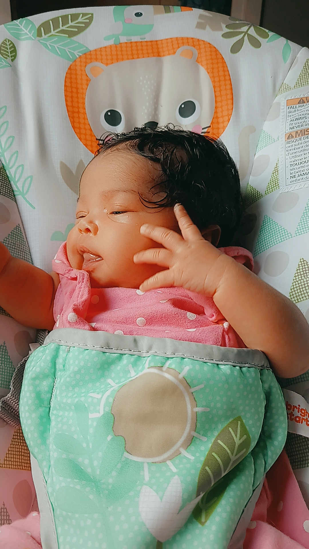 Journey is registered to the contest to win money with this photo: baby, infant, child, pink_clothing, curly_hair, baby_seat, lion_pattern, leaf_pattern, polka_dot, hand, sleepy, cute, indoors, soft_light, fabric, comfort, small_child, portrait, newborn, resting
