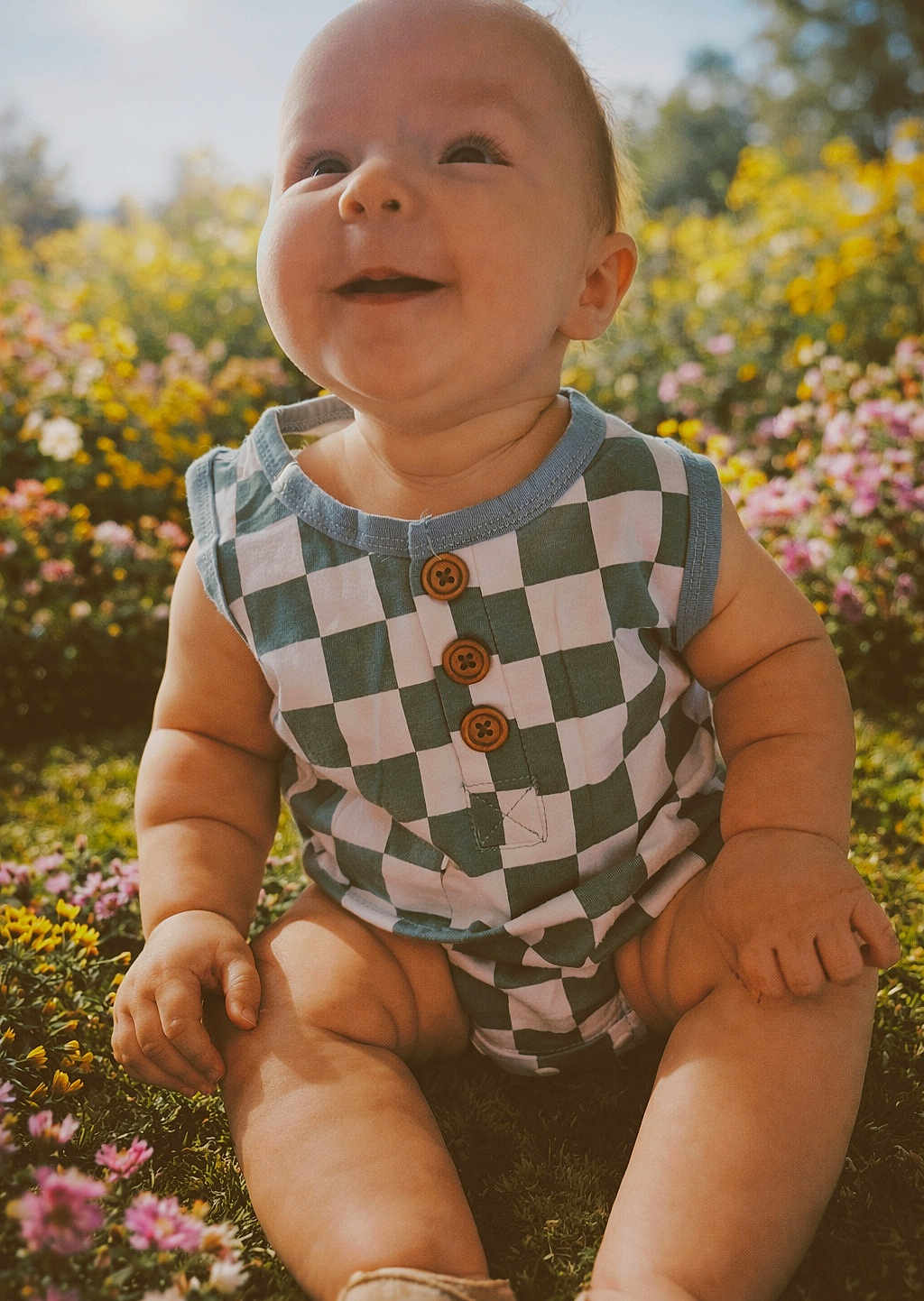 Silas joined the competition — help win amazing prizes! baby, infant, smiling, checkered_outfit, buttons, sitting, chubby_arms, legs, grass, flowers, outdoor, sunlight, portrait, closeup, happy, nature, garden, shoe, cute, skin