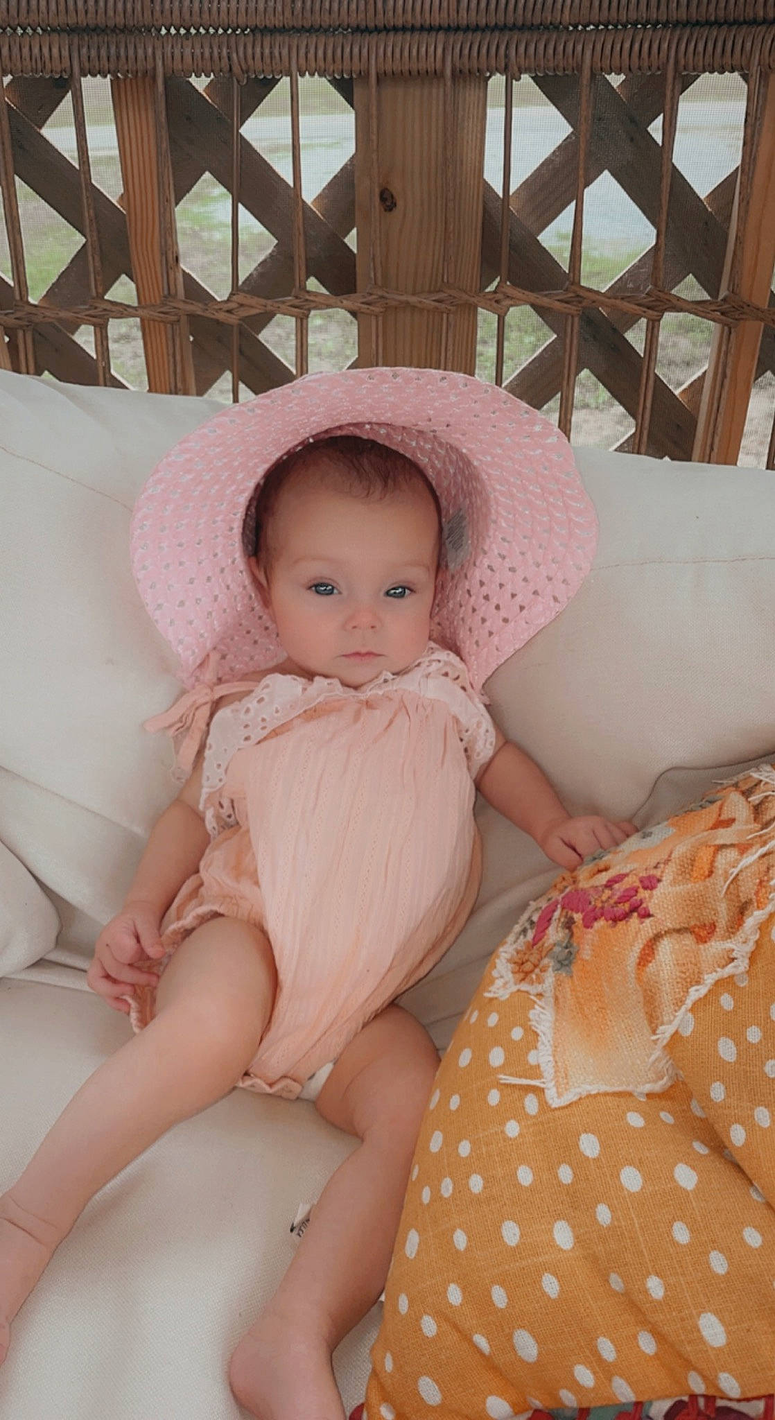 Arabella joined the competition — help win amazing prizes! abdomen, baby, baby_toddler_clothing, child, comfort, fedora, headgear, human_leg, leg, linens, lip, pattern, person, pink, sitting, skin, sun_hat, textile, thigh, toddler