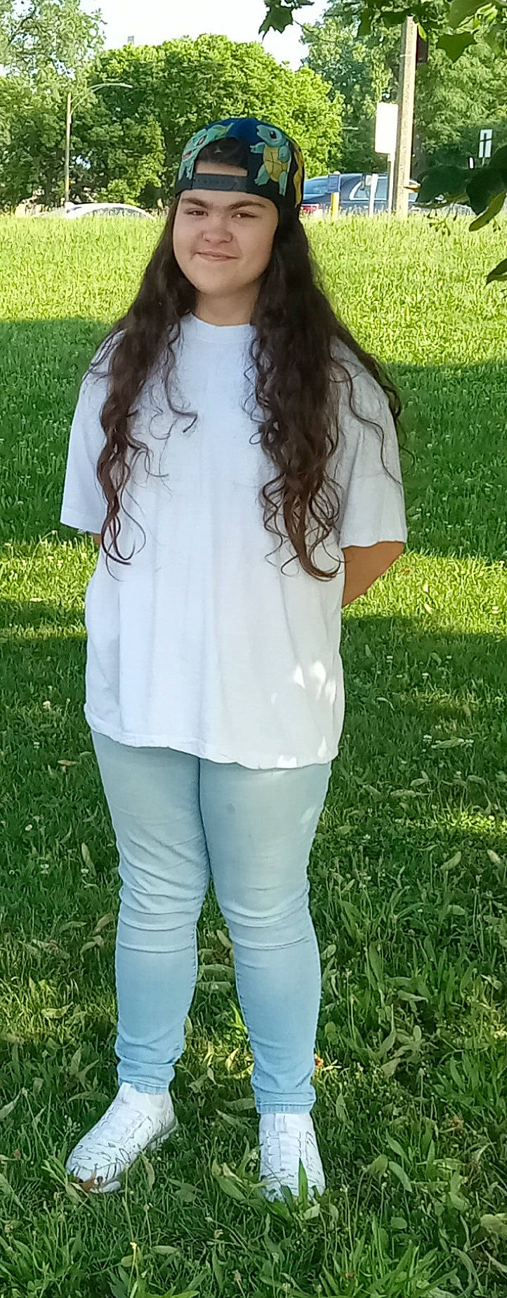 Maddison joined the competition — help win amazing prizes! chest, electric_blue, grass, green, headwear, human_leg, jewellery, joint, joy, knee, long_hair, neck, pattern, people_in_nature, person, shoulder, sleeve, sportswear, t_shirt, thigh