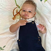 Noah a rejoint le concours — aidez-le/la à gagner de superbes lots ! baby, bedroom, blanket, button, curly_hair, cute, expression, eyes, fabric, face, hand, infant, lying_down, monkey_pattern, overalls, polo_shirt, portrait, skin, smile, soft_lighting