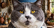 Mistigri a rejoint le concours — aidez-le/la à gagner de superbes lots ! cat, gray_cat, yellow_eyes, denim_hat, denim_apron, chef_outfit, kitchen, rustic, wooden_shelves, pots, pans, window, plants, closeup, portrait, feline, whiskers, domestic_cat, cute, pet