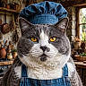 cat, gray_cat, yellow_eyes, denim_hat, denim_apron, chef_outfit, kitchen, rustic, wooden_shelves, pots, pans, window, plants, closeup, portrait, feline, whiskers, domestic_cat, cute, pet