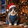 Mistigri a rejoint le concours — aidez-le/la à gagner de superbes lots ! cat, santa_hat, denim_overalls, christmas_decorations, festive_lights, wooden_table, pine_cones, ornaments, holiday, winter, cozy, indoors, food_bowls, spices, greenery, candlelight, window, snow, tableware, kitchen