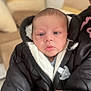 baby, infant, face, blue_eyes, jacket, black_jacket, white_lining, indoor, couch, soft_furniture, child, person, portrait, close_up, young, newborn, hand, warm_clothing, expression, looking