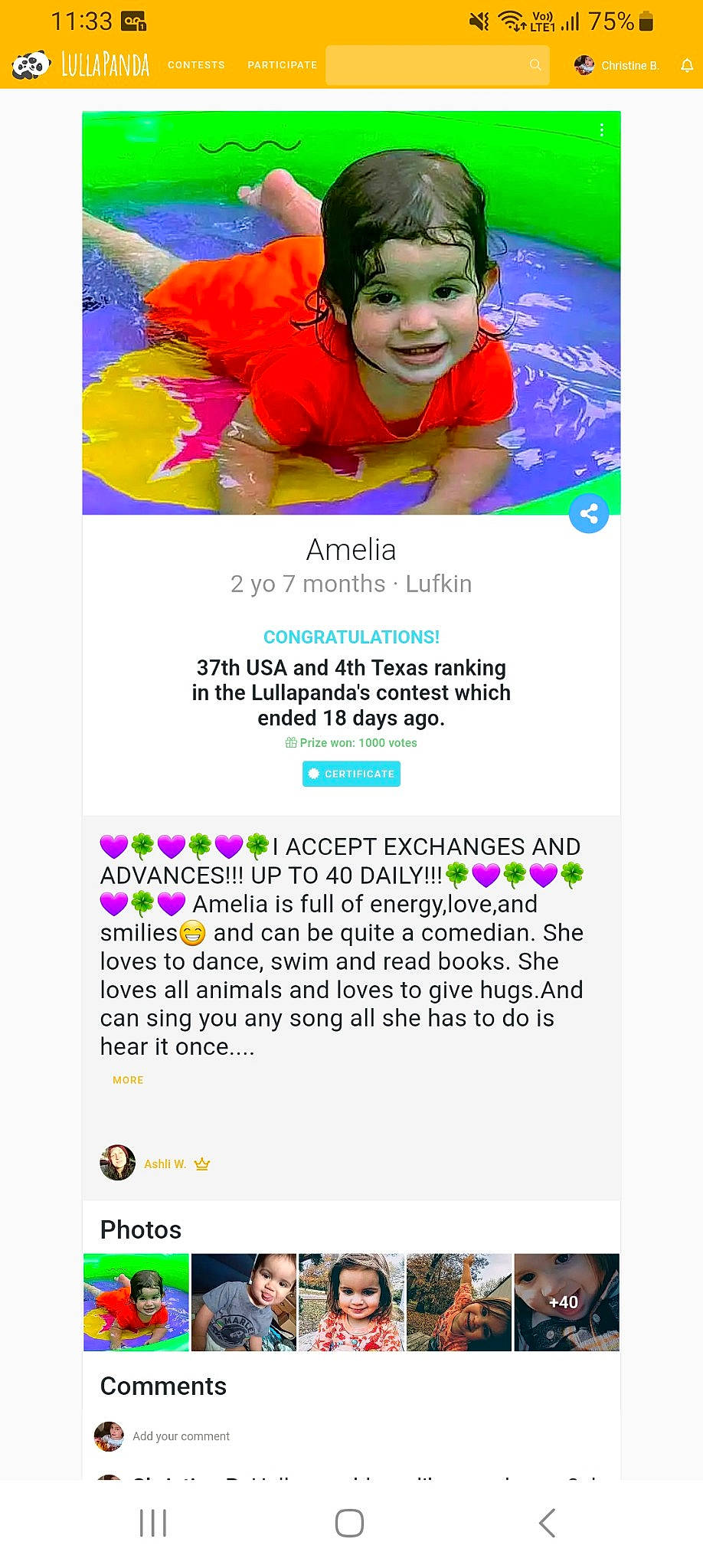 Emma participe au concours pour gagner de l'argent avec cette photo : advertising, baby, baby_toddler_clothing, child, font, graphic_design, happy, headwear, joy, magenta, person, poster, product, screenshot, smile, toddler