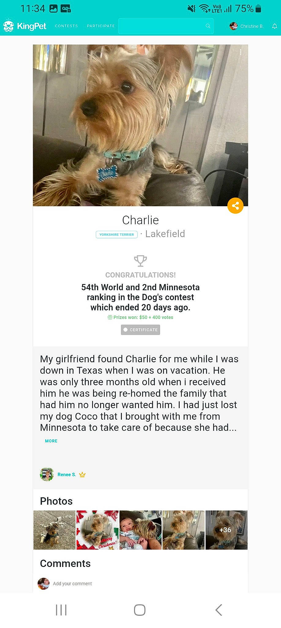 Emma a rejoint le concours — aidez-le/la à gagner de superbes lots ! advertising, audio_equipment, companion_dog, dog, font, fur, liver, machine, person, photo_caption, product, screenshot, toy_dog