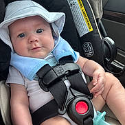 Elijah is registered to the contest to win money with this photo: baby, car_seat, harness, pacifier, hat, infant, child, seatbelt, safety, car_interior, warning_label, cute, smiling, portrait, closeup, blue, white_clothing, skin, hand, vehicle