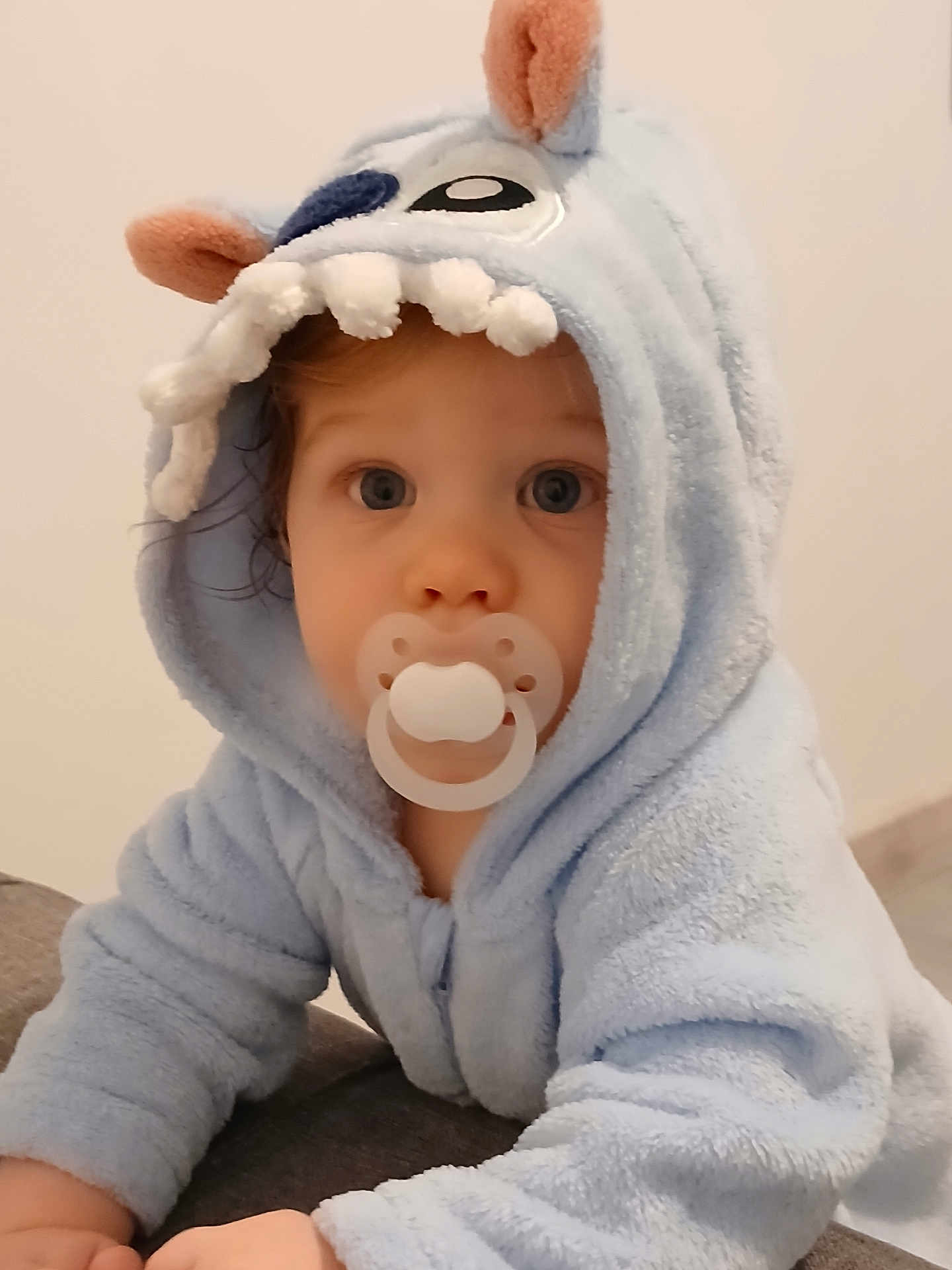 Alésio participe au concours pour gagner de l'argent avec cette photo : baby, child, pacifier, hoodie, blue_clothing, crawling, indoor, cute, face, eyes, ears, soft_texture, plush, infant, person, portrait, young_child, expression, clothing, hood