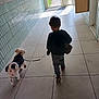 Chipie a rejoint le concours — aidez-le/la à gagner de superbes lots ! child, dog, leash, hallway, tile_floor, walking, back_view, daylight, open_door, clothing, pet, indoor, small_dog, striped_pants, shoes, casual, person, companion, tiled_wall, shadow