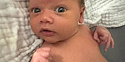 Micah joined the competition — help win amazing prizes! baby, infant, blanket, diaper, skin, face, eyes, hand, fist, newborn, lying_down, expression, curious, indoors, soft_texture, human, child, cute, portrait, adorable