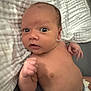 Micah joined the competition — help win amazing prizes! baby, infant, blanket, diaper, skin, face, eyes, hand, fist, newborn, lying_down, expression, curious, indoors, soft_texture, human, child, cute, portrait, adorable