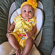 Aria is registered to the contest to win money with this photo: baby, infant, yellow_clothing, headband, flower, winnie_the_pooh, baby_chair, cushion, cute, child, indoors, person, young_child, sitting, portrait, looking_at_camera, soft_toys, mittens, comfortable, bright_colors