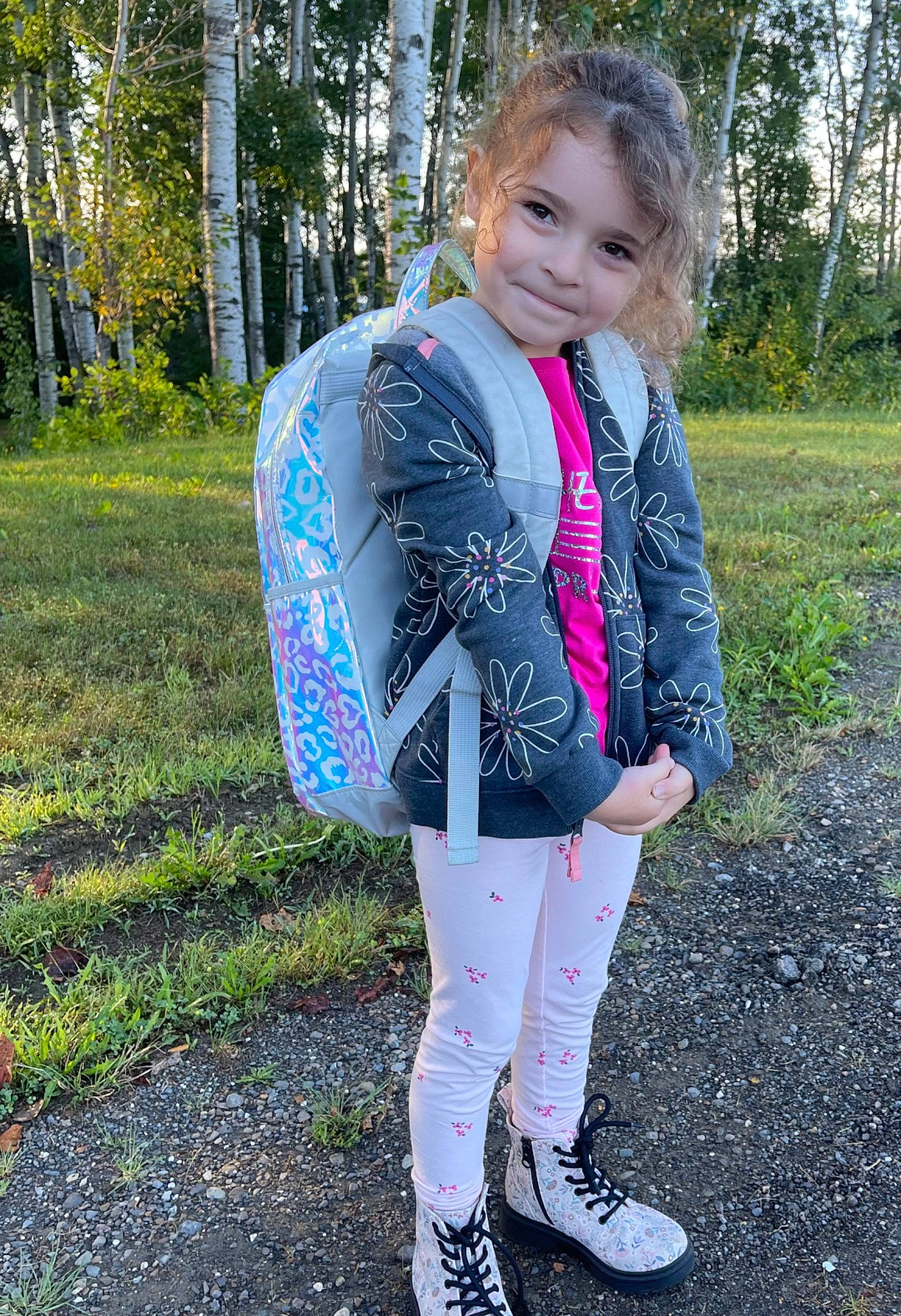 Mackiah joined the competition — help win amazing prizes! blazer, child, denim, electric_blue, face, fashion_accessory, formal_wear, fun, grass, joy, leggings, magenta, pattern, people_in_nature, person, plant, scarf, sleeve, tie, toddler