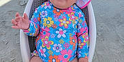Hazel joined the competition — help win amazing prizes! baby, child, smiling, sitting, beach, sand, sun_hat, swimsuit, colorful, floral_pattern, outdoor, happy, person, summer, vacation, cute, portrait, sunshine, relaxing, seat