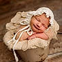 newborn, baby, sleeping, bonnet, lace, blanket, bucket, knitted, soft, cozy, portrait, infant, cute, resting, headwear, wrapped, warm, floor, wooden, peaceful