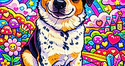 Waggles is registered to the contest to win money with this photo: dog, cartoon, illustration, rainbow, stars, hearts, flowers, smile, unicorn, clouds, mushrooms, butterfly, colorful, fantasy, crystals, cute, happy, psychedelic, whimsical, fantastical