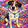 dog, cartoon, illustration, rainbow, stars, hearts, flowers, smile, unicorn, clouds, mushrooms, butterfly, colorful, fantasy, crystals, cute, happy, psychedelic, whimsical, fantastical