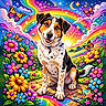dog, cartoon, illustration, flowers, rainbow, butterflies, hearts, stars, sun, colorful, fantasy, nature, smiling, grass, clouds, pathway, whimsical, playful, bright, happy