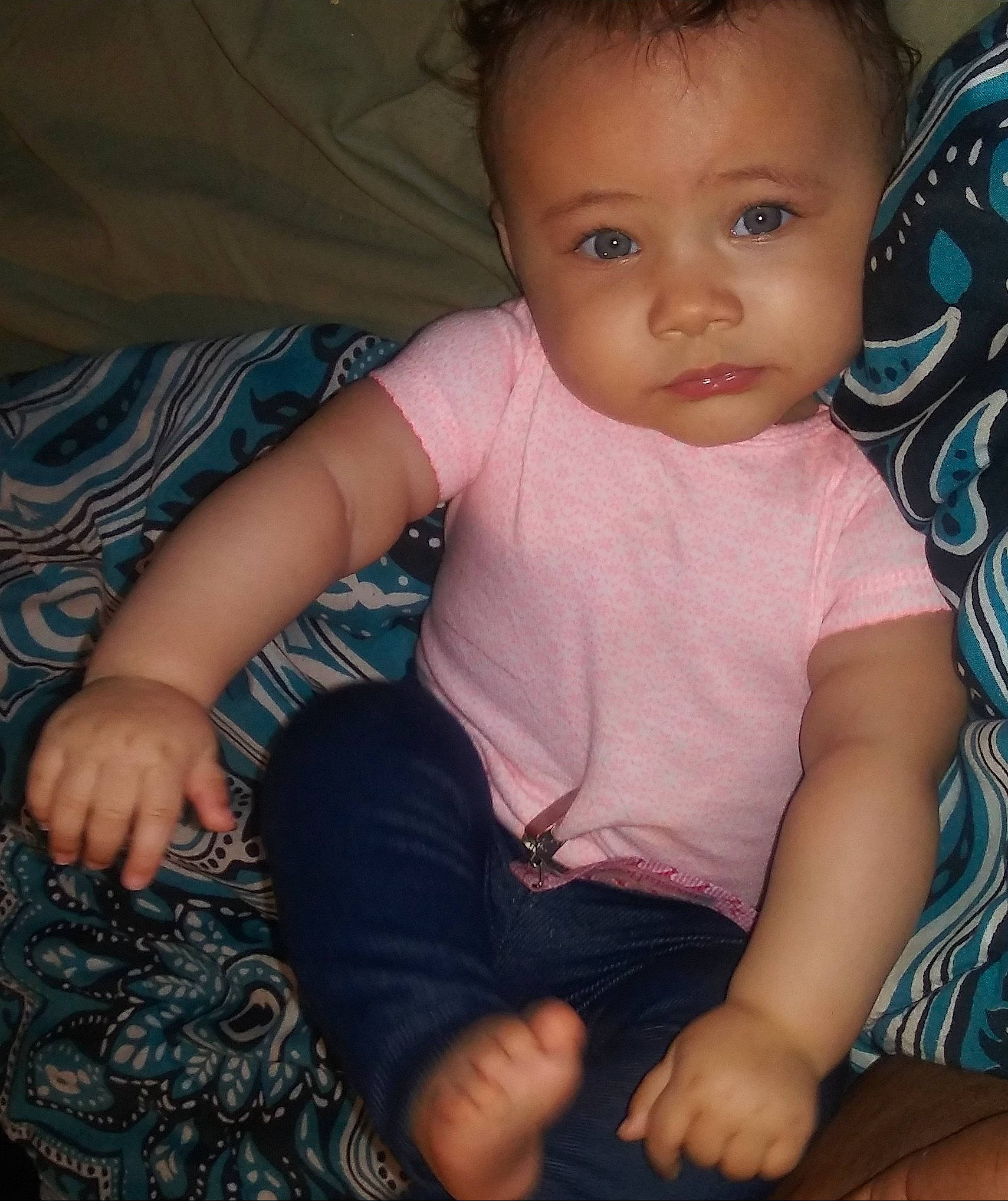 Zaniyah joined the competition — help win amazing prizes! baby, cheek, child, chin, eye, face, fun, head, human, iris, leg, lip, mouth, nose, person, pink, sitting, skin, smile, toddler