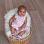 baby, basket, child, comfortable, cozy, cute, floor, fluffy_blanket, footwear, happy, indoors, infant, person, pink_dress, portrait, sandals, sitting, skin, small_child, smile