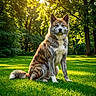 dog, akita, sitting, grass, greenery, sunlight, outdoor, nature, trees, pet, canine, fur, animal, portrait, summer, sunshine, park, fluffy_tail, alert, beautiful