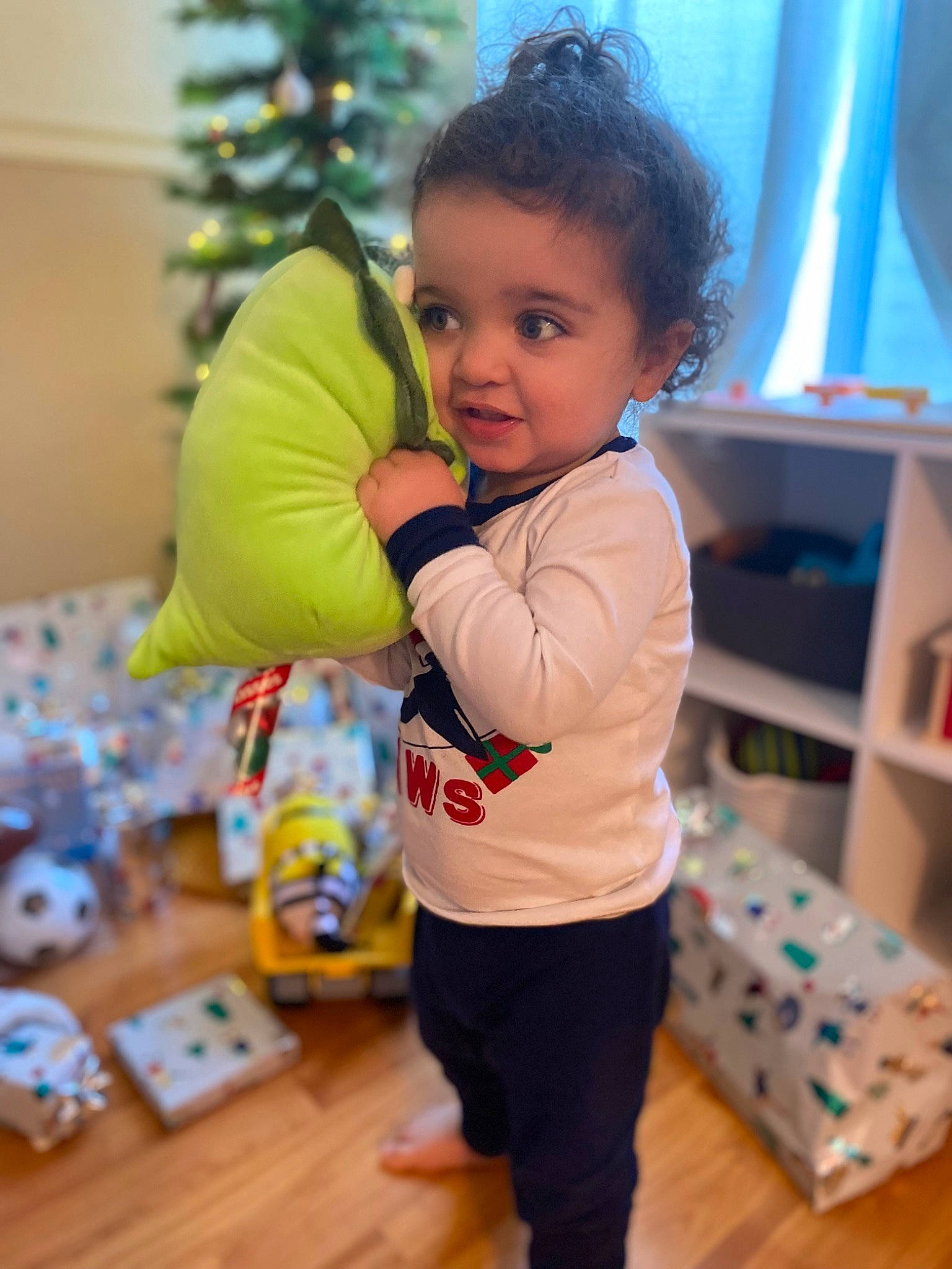 Odin joined the competition — help win amazing prizes! baby, baby_toddler_clothing, child, christmas, event, flooring, fun, happy, hardwood, holiday, person, play, room, sitting, sleeve, standing, toddler, toy, tree, wood