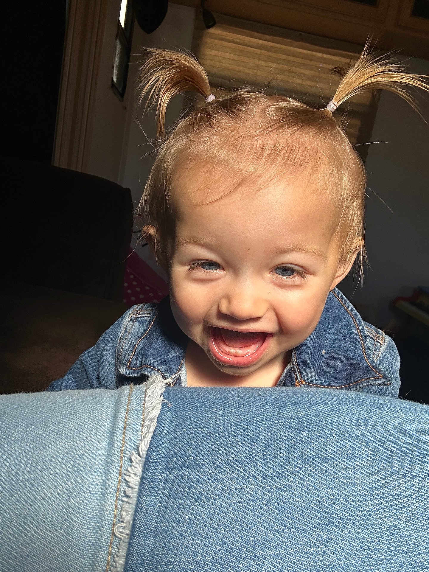 Holli joined the competition — help win amazing prizes! toddler, child, smiling, happy, blonde_hair, pigtails, denim_jacket, jeans, indoor, portrait, face, cute, joyful, person, clothing, young_child, baby, fun, light, expression