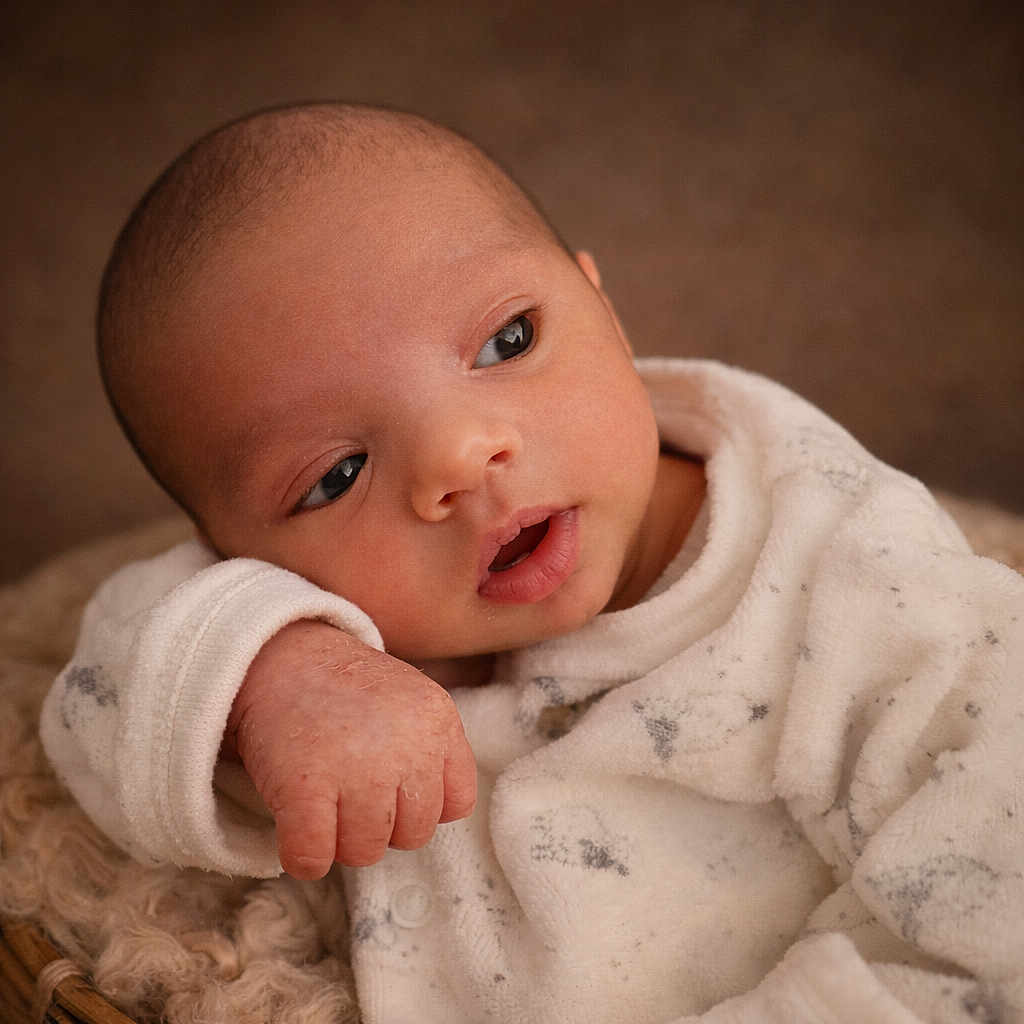 Wilson a rejoint le concours — aidez-le/la à gagner de superbes lots ! baby, infant, face, hand, white_clothing, soft_texture, closeup, resting, curious, newborn, portrait, cute, skin, expression, warm_lighting, indoors, fist, cozy, patterned_clothing, young_child