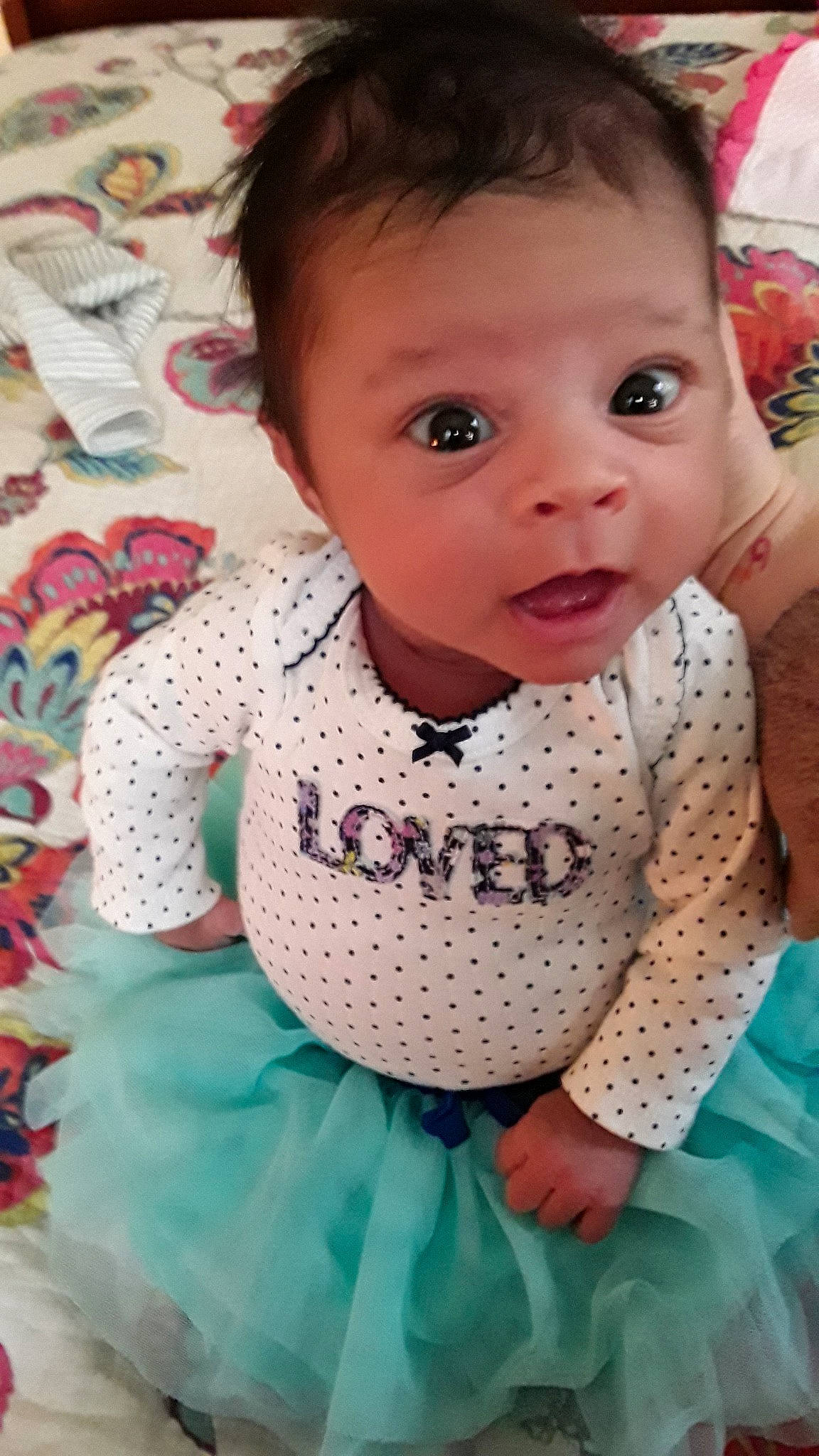 Araminta joined the competition — help win amazing prizes! cheek, child, day, design, eye, girl, head, infant, iris, nose, pattern, person, pink, plaid, polka_dot, product, skin, smile, textile, toddler