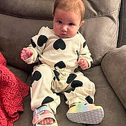 Rosealine joined the competition — help win amazing prizes! baby, infant, child, couch, clothing, heart_pattern, footwear, sandals, red_blanket, seated, indoors, portrait, cute, soft_furniture, pastel_colors, curious_expression, cozy, home, furniture, young_child