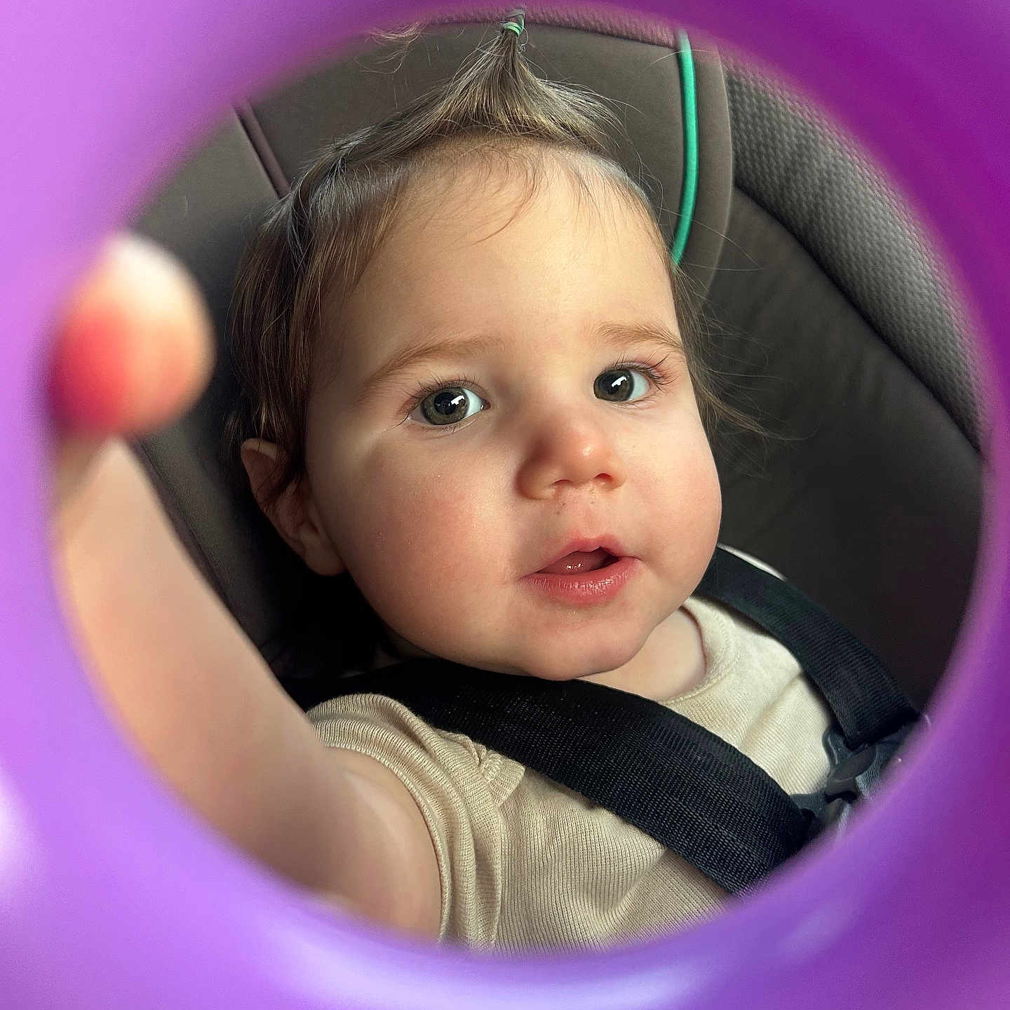 Rosealine is registered to the contest to win money with this photo: baby, car_seat, child, closeup, clothing, curious, cute, expression, face, hair, hand, indoors, person, portrait, purple_frame, seat, seatbelt, skin, toddler, young_child