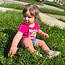 Rosealine joined the competition — help win amazing prizes! casual_clothing, child, curious, dandelion, daytime, denim_shorts, flower, grass, greenery, house, nature, outdoor, pink_shirt, playing, sidewalk, sitting, suburban, sunlight, toddler, young_child