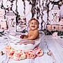 baby, tub, milk, strawberry, flower, pink_rose, smile, headband, decor, wooden_floor, lantern, greenery, cute, sitting, infant, milk_bath, happy, portrait, flower_arrangement, indoor