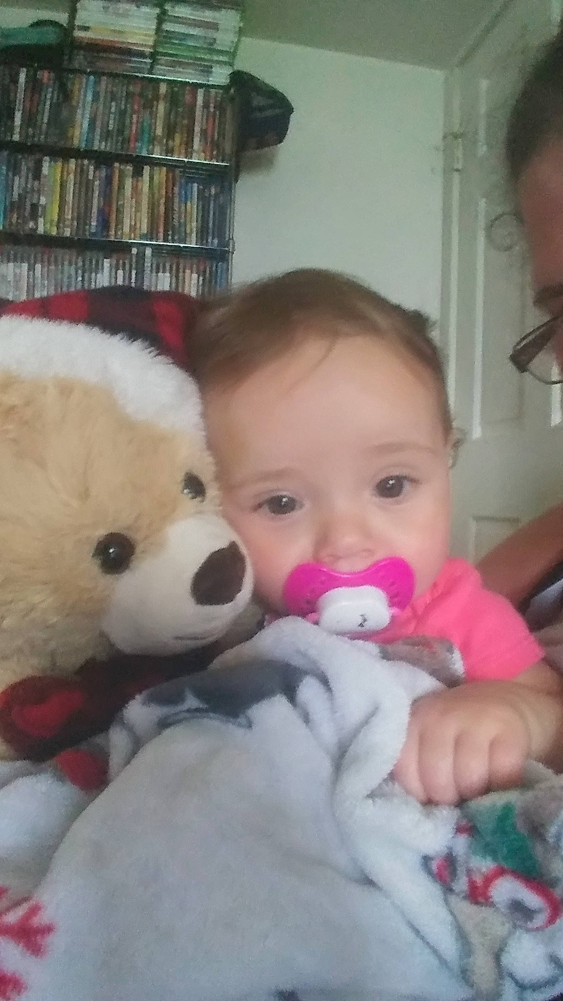 Elena is registered to the contest to win money with this photo: baby, cheek, child, eye, head, iris, nose, person, play, plush, skin, stuffed_toy, teddy_bear, textile, toddler, toy