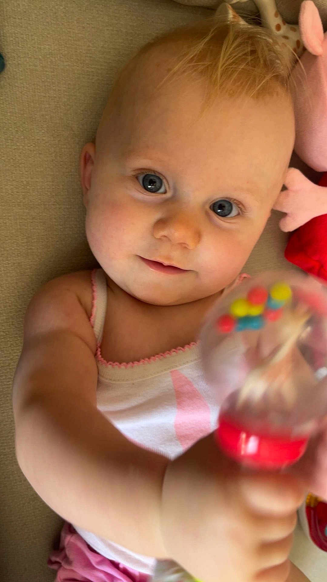 Khloé a rejoint le concours — aidez-le/la à gagner de superbes lots ! baby, infant, child, face, blue_eyes, rattle, toy, plush_toy, white_tank_top, pink_clothing, close_up, skin, arm, hand, lying_down, curious, indoors, soft_toy, playful, portrait
