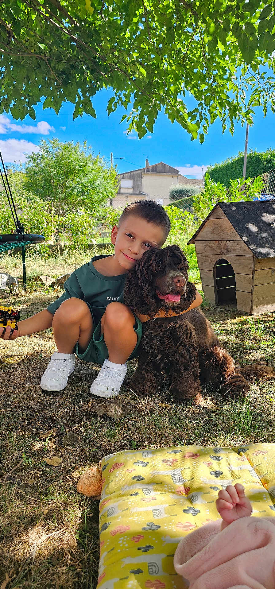 Gabriel a rejoint le concours — aidez-le/la à gagner de superbes lots ! boy, child, dog, pet, outdoor, garden, tree, grass, doghouse, crouching, toy, sunlight, happy, smiling, greenery, nature, cushion, baby_hand, play, casual_clothing