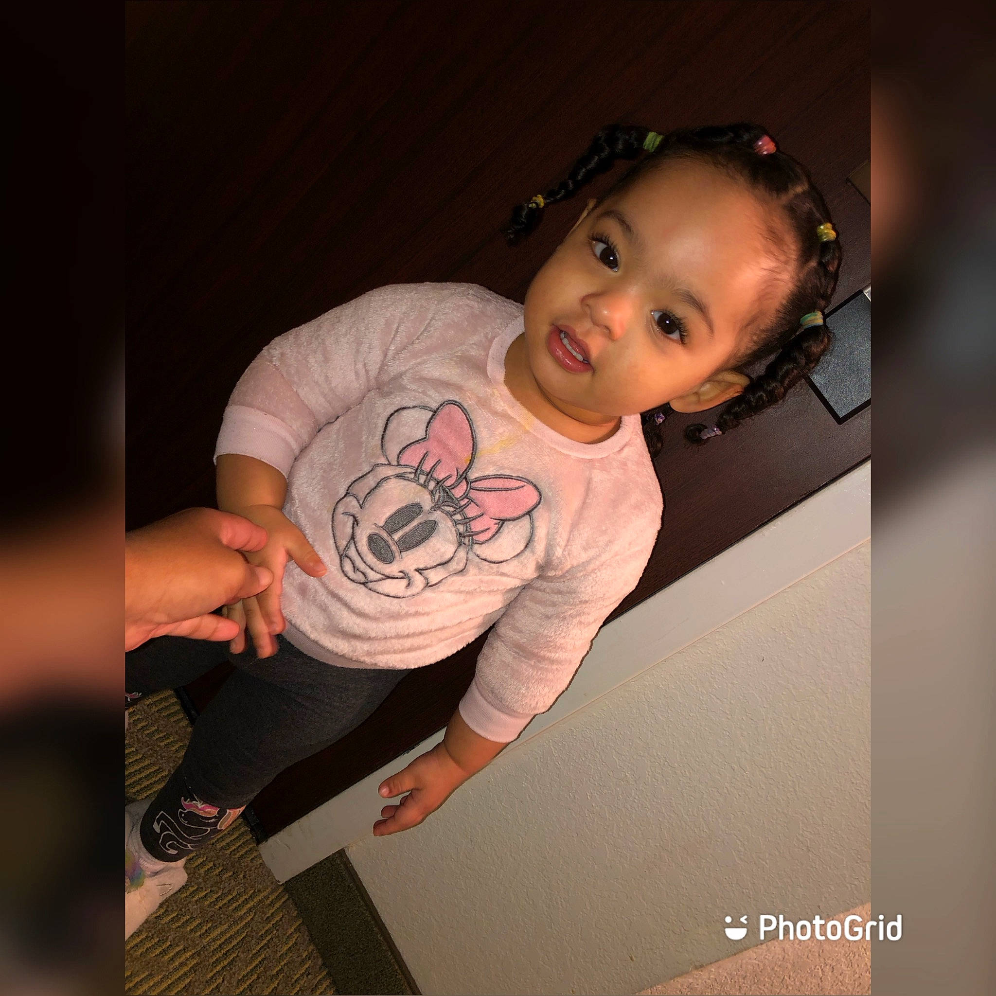 Emely is registered to the contest to win money with this photo: baby_toddler_clothing, child, cool, darkness, elbow, flash_photography, flooring, font, fun, gesture, happy, human_leg, knee, pattern, person, room, sleeve, t_shirt, thigh, thumb