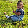 Kylee is registered to the contest to win money with this photo: toddler, child, grass, outdoor, denim_overalls, white_sneakers, baby, nature, sunlight, curly_hair, casual_clothing, sitting, playful, young_child, greenery, daylight, portrait, cute, small_object, relaxed