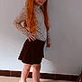 Joyce a rejoint le concours — aidez-le/la à gagner de superbes lots ! child, girl, red_hair, glasses, long_hair, patterned_top, black_skirt, sneakers, indoor, tiled_floor, pose, smile, fashion, wall, floor, hand_on_hip, standing, person, casual_clothing, young