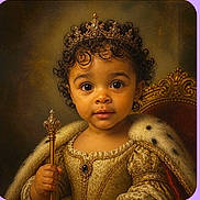 Alisha Roque is registered to the contest to win money with this photo: child, toddler, baby, portrait, crown, tiara, royalty, scepter, throne, ornate, costume, fur_trim, curly_hair, brown_eyes, sitting, front_facing, indoor, storybook, painting, regal