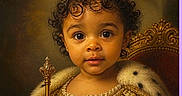 Alisha Roque is registered to the contest to win money with this photo: child, toddler, baby, portrait, crown, tiara, royalty, scepter, throne, ornate, costume, fur_trim, curly_hair, brown_eyes, sitting, front_facing, indoor, storybook, painting, regal