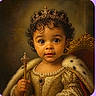 child, toddler, baby, portrait, crown, tiara, royalty, scepter, throne, ornate, costume, fur_trim, curly_hair, brown_eyes, sitting, front_facing, indoor, storybook, painting, regal