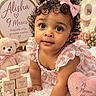 Alisha Roque joined the competition — help win amazing prizes! baby, child, infant, portrait, curly_hair, pink_bow, smiling, looking_at_camera, floral_dress, pink, teddy_bear, building_blocks, flowers, heart, nursery, pastel, indoor, celebration, nine_months, close_up